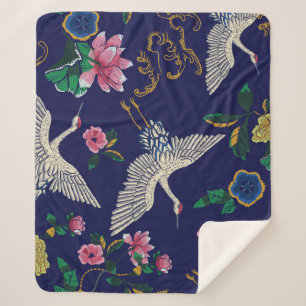 Embroidered cranes and flowers, vintage seamless p sherpa blanket