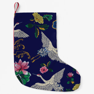 Embroidered cranes and flowers, vintage seamless p small christmas stocking
