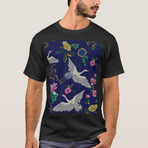 Embroidered cranes and flowers, vintage seamless p T-Shirt