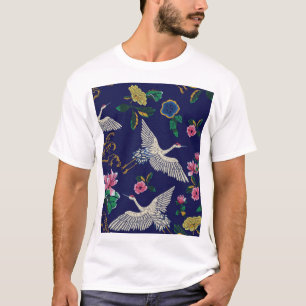 Embroidered cranes and flowers, vintage seamless p T-Shirt