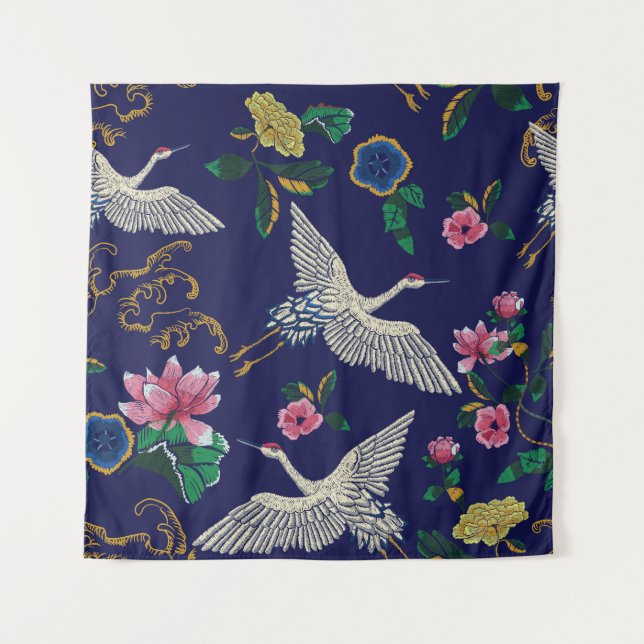 Embroidered cranes and flowers, vintage seamless p tapestry (Front)