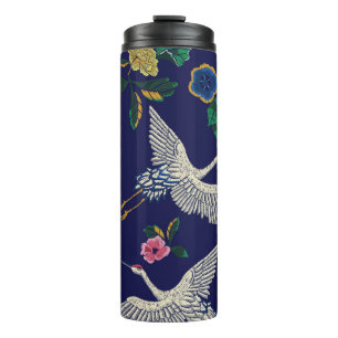 Embroidered cranes and flowers, vintage seamless p thermal tumbler