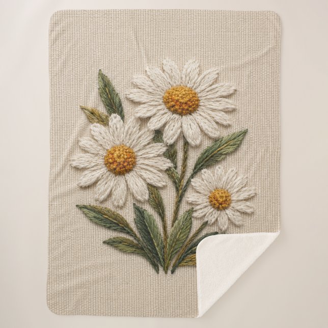 Embroidered Daisy Bloom Sherpa Blanket (Front)