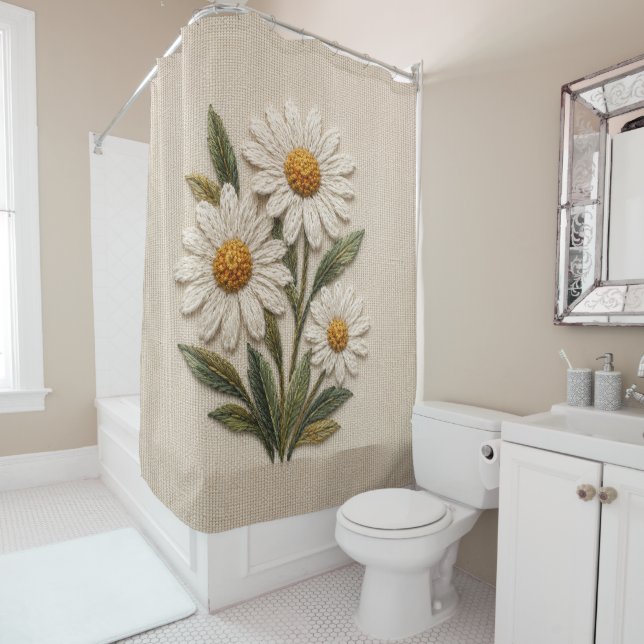 Embroidered Daisy Bloom Shower Curtain (In Situ)