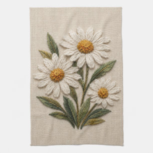 Embroidered Daisy Bloom Tea Towel