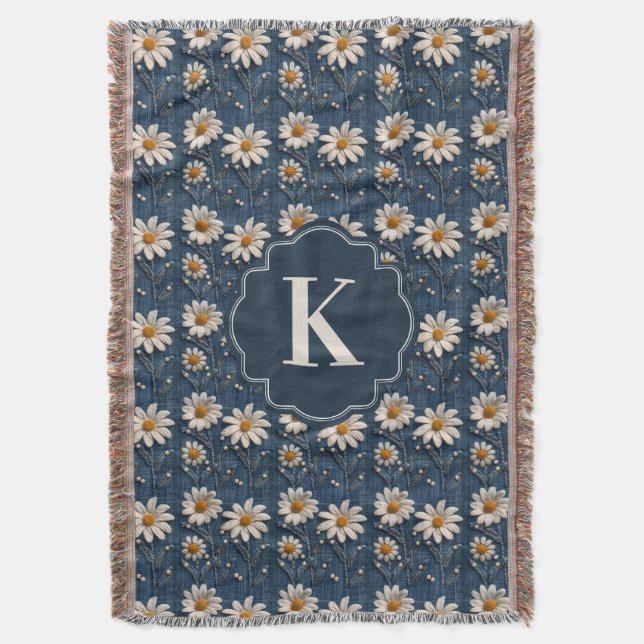 Embroidered Daisy Denim Blanket | Monogram (Front Vertical)