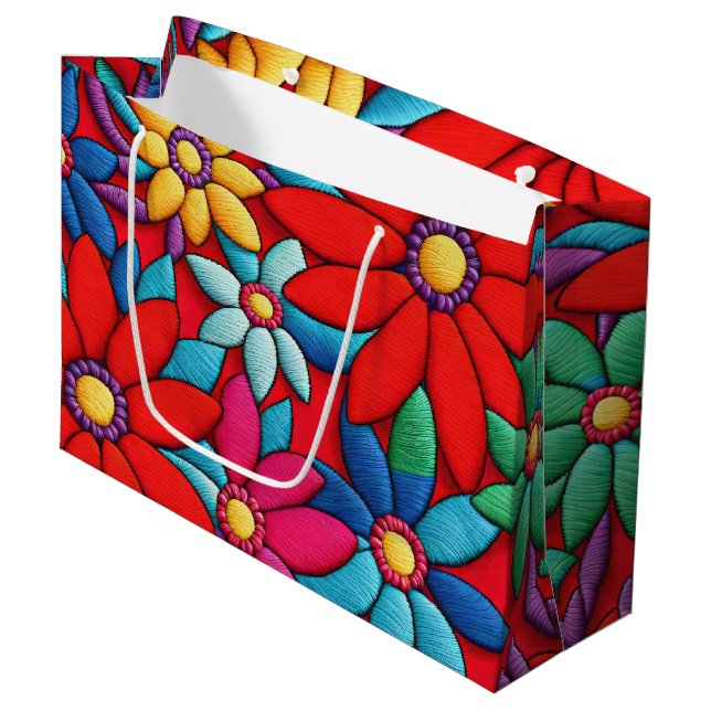 Embroidered Daisy Design Large Gift Bag (Front Angled)