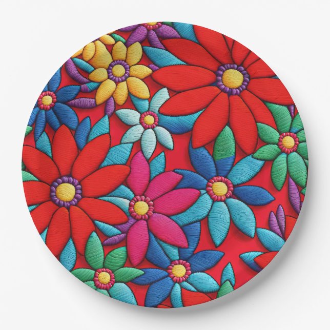 Embroidered Daisy Design Paper Plate (Front)