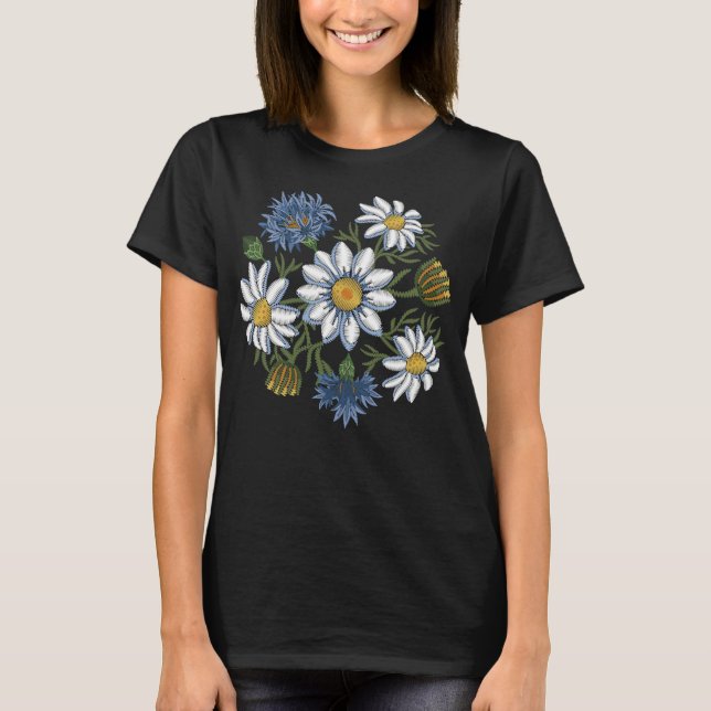 Embroidered Daisy Flowers and Cornflowers T-Shirt (Front)