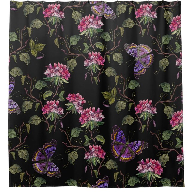 Embroidered Datura Flowers: Botanical Art Shower Curtain (Front)
