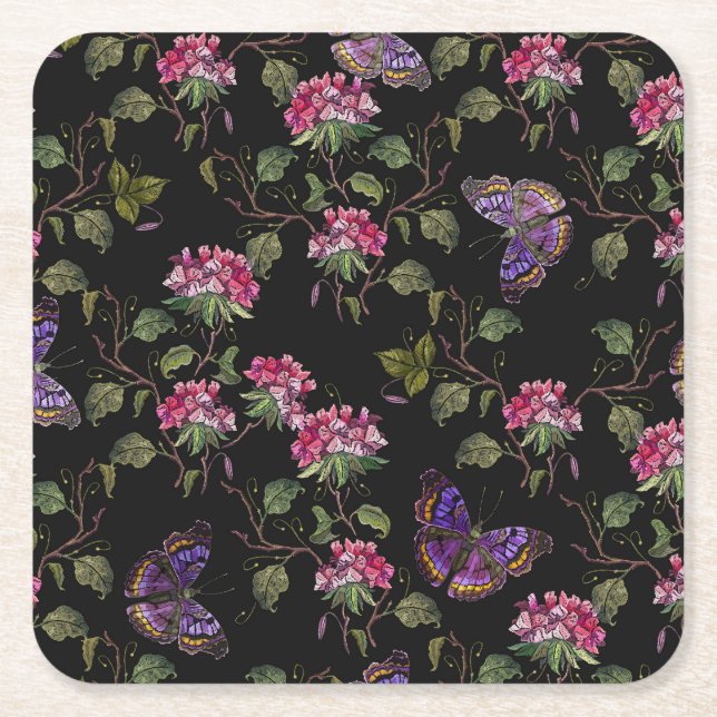 Embroidered Datura Flowers: Botanical Art Square Paper Coaster (Front)