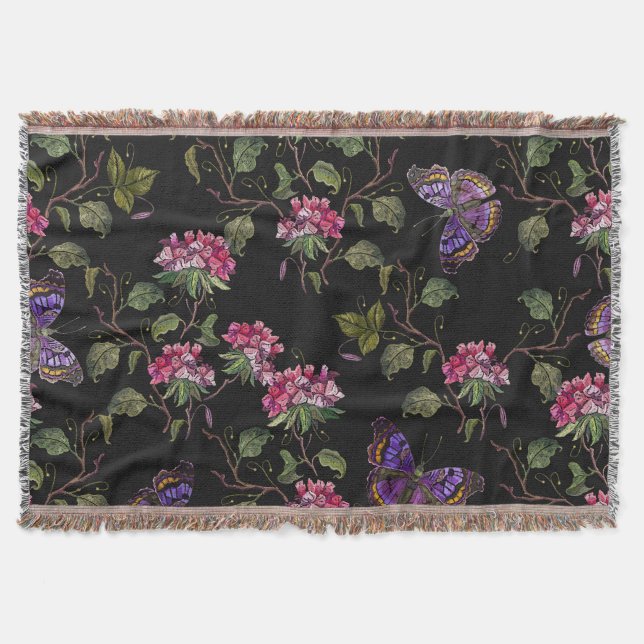Embroidered Datura Flowers: Botanical Art Throw Blanket (Front)