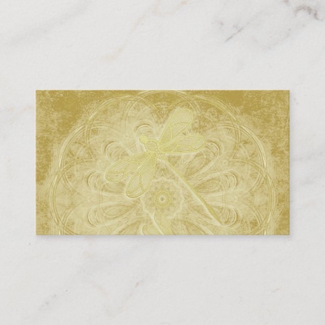 Embroidered dragonflies on gold mandala business card (Front)