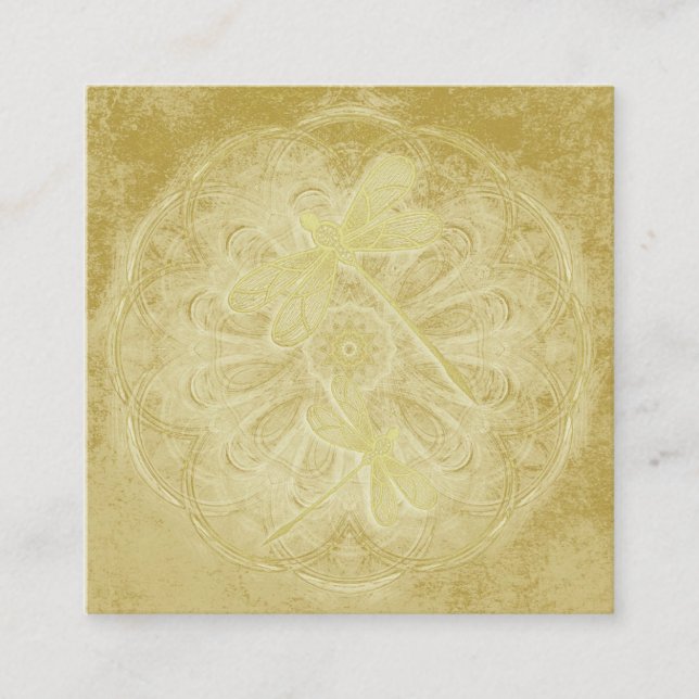 Embroidered dragonflies on gold mandala square business card (Front)