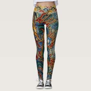 Embroidered Fiery Chinese Dragon Leggings