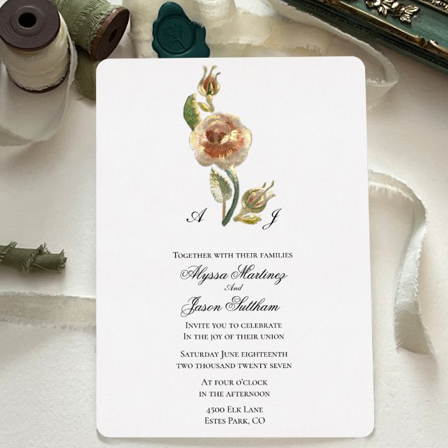 Embroidered Floral Foil Wedding Invitation (Foil detailed vintage embroidery effect wedding invitation design)