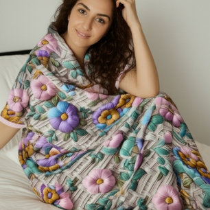 Embroidered Floral Style Plush & Cosy Sherpa Blanket