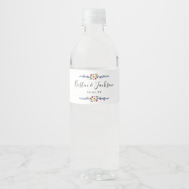 Embroidered Floral Wedding Water Bottle Label (Front)