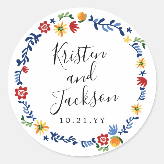 Embroidered Florals Wedding Classic Round Sticker (Front)