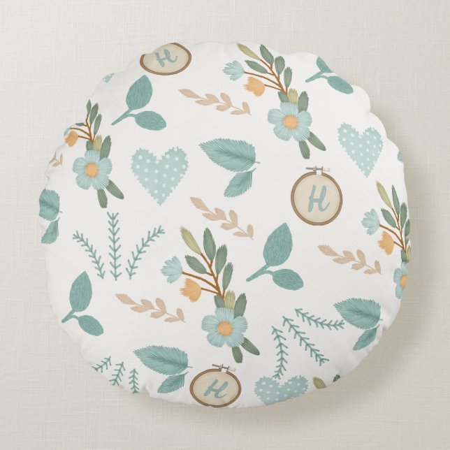 Embroidered Flower Design Crafters Blue Monogram Round Cushion (Front)
