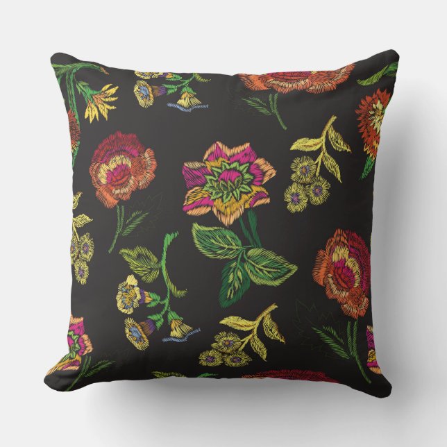 embroidered flower on black background cushion (Front)