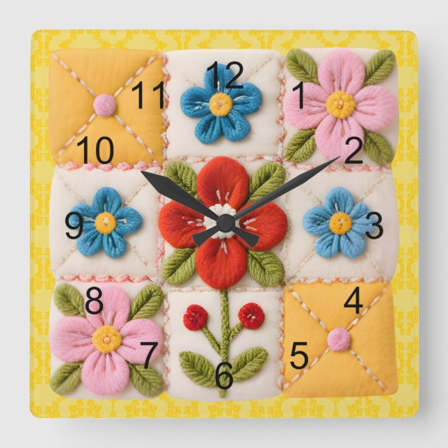 Embroidered Flower Patchwork Quilt Square Wall Clock (Front)