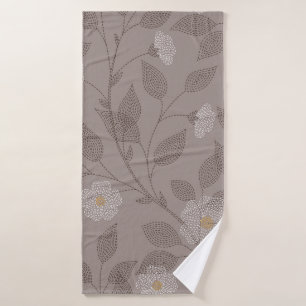Embroidered flowers and leaves on brown background bath towel