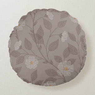 Embroidered flowers and leaves on brown background round cushion