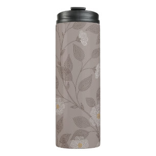 Embroidered flowers and leaves on brown background thermal tumbler