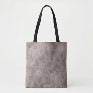 Embroidered flowers and leaves on brown background tote bag