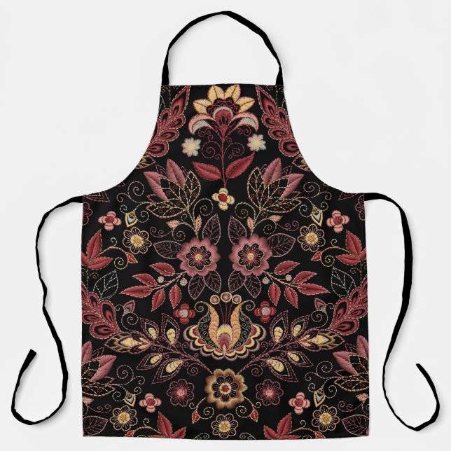 Embroidered flowers, dark vintage elegance apron (Front)
