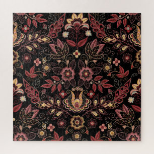 Embroidered flowers, dark vintage elegance jigsaw puzzle