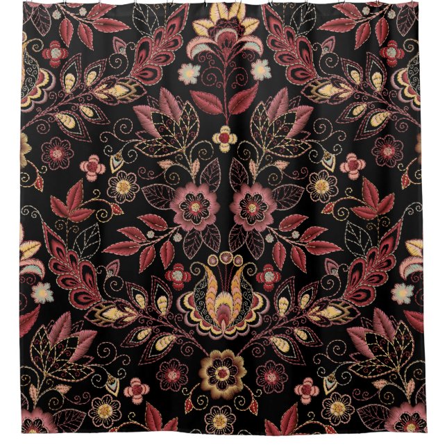 Embroidered flowers, dark vintage elegance shower curtain (Front)
