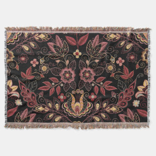 Embroidered flowers, dark vintage elegance throw blanket