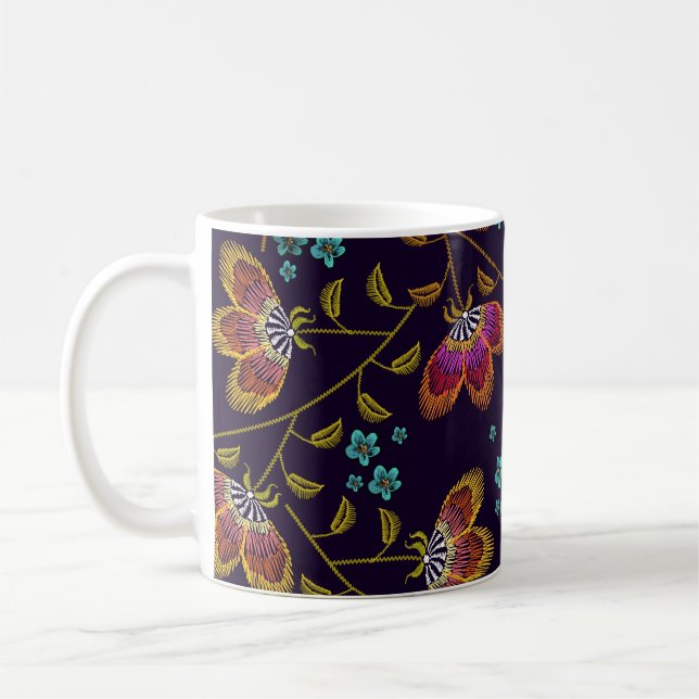 Embroidered flowers: fashion seamless pattern coffee mug (Left)