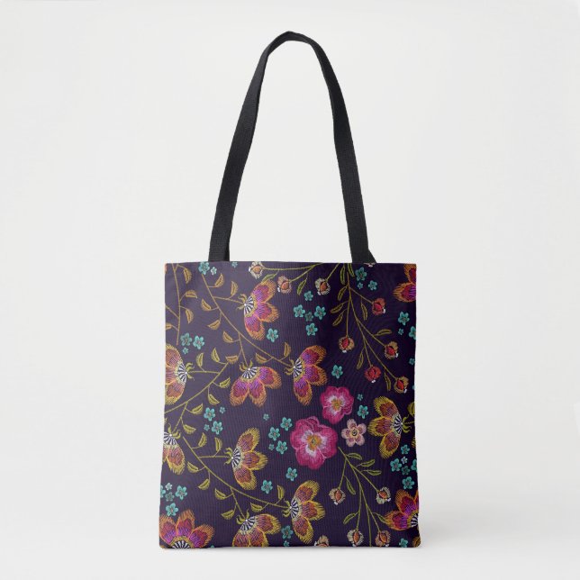 Embroidered flowers: fashion seamless pattern tote bag (Front)