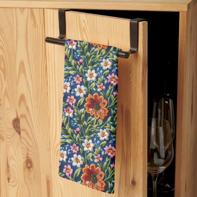Embroidered Flowers Tea Towel (Thirds Fold)