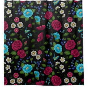 Embroidered Folk Style Pink Blue Floral Black Shower Curtain