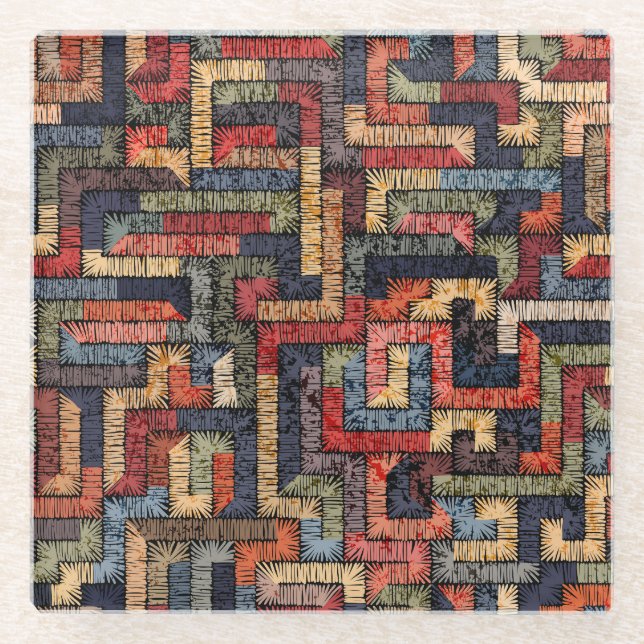 Embroidered geometric, ethnic texture glass coaster (Front)
