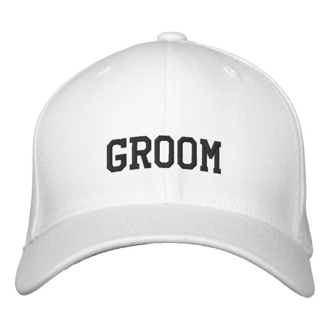 Embroidered Groom Hat, White Flexfit Wool Cap (Front)