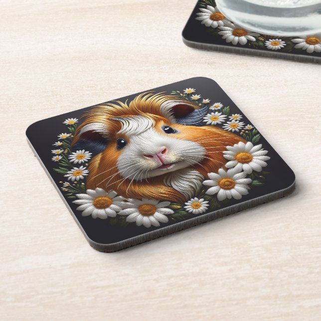 Embroidered Guinea Pig with Daisies Coaster (Left Side)