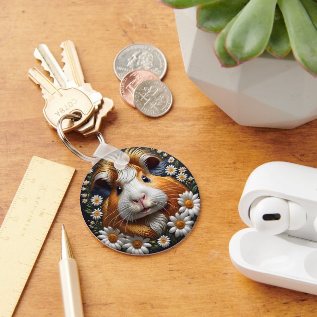Embroidered Guinea Pig with Daisies Key Ring (Desk)