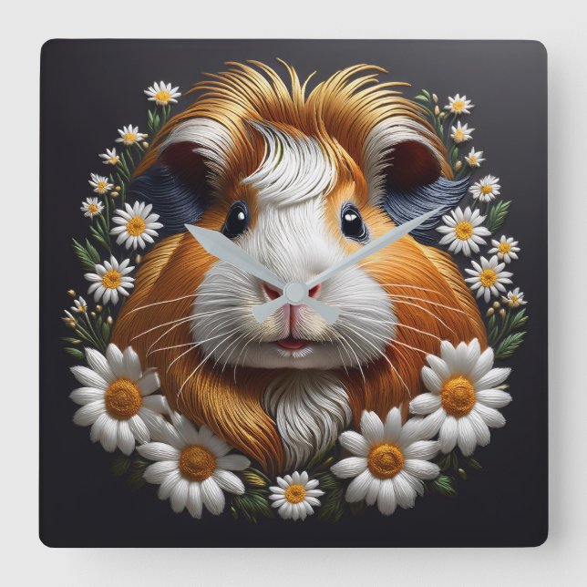 Embroidered Guinea Pig with Daisies Square Wall Clock (Front)