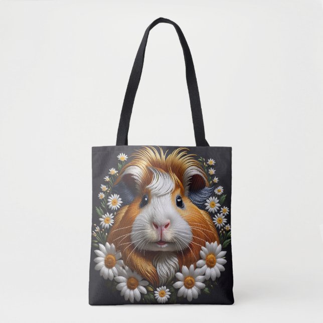 Embroidered Guinea Pig with Daisies Tote Bag (Front)