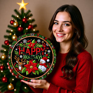 Embroidered Happy Holidays Black Large Clock