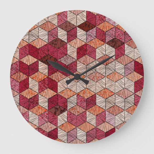 Embroidered Hexagons: Bohemian Patchwork Print. Large Clock (Front)