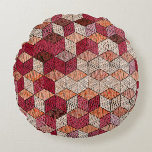 Embroidered Hexagons: Bohemian Patchwork Print. Round Cushion
