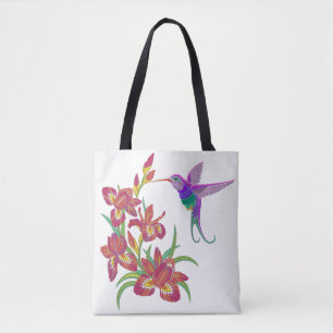 Embroidered Hummingbird and Iris Flowers Tote Bag