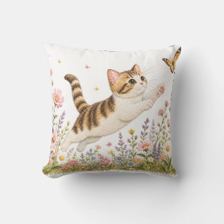 Embroidered Kitten Chasing Butterfly in Wildflower Cushion
