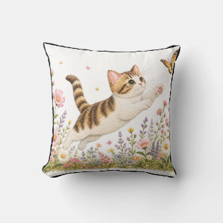 Embroidered Kitten Chasing Butterfly in Wildflower Cushion